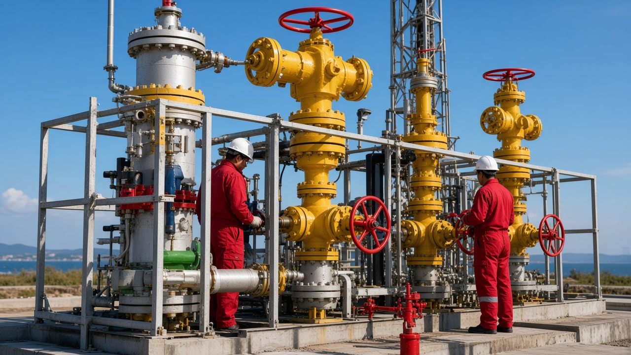 Technicians working yellow wellheads with red valves