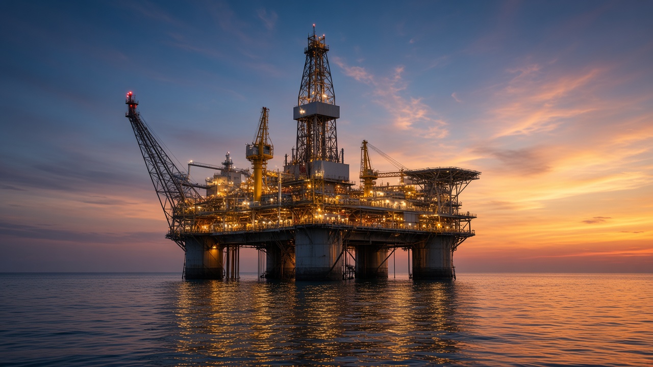 Offshore platform lit at sunset
