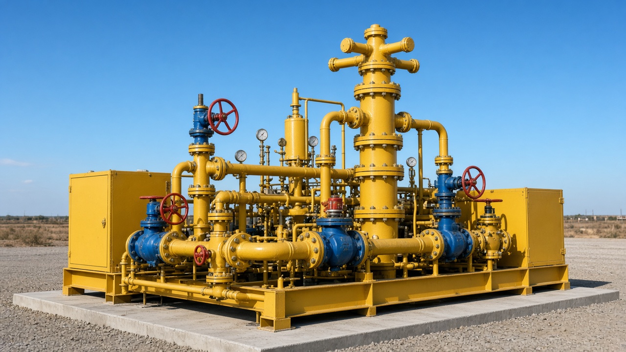 Yellow annular pressure relief skid with red and blue valves