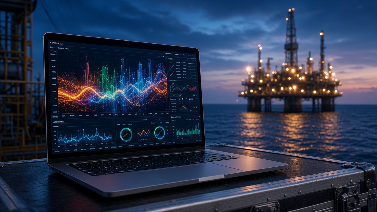 Laptop showing well data with an offshore platform behind it