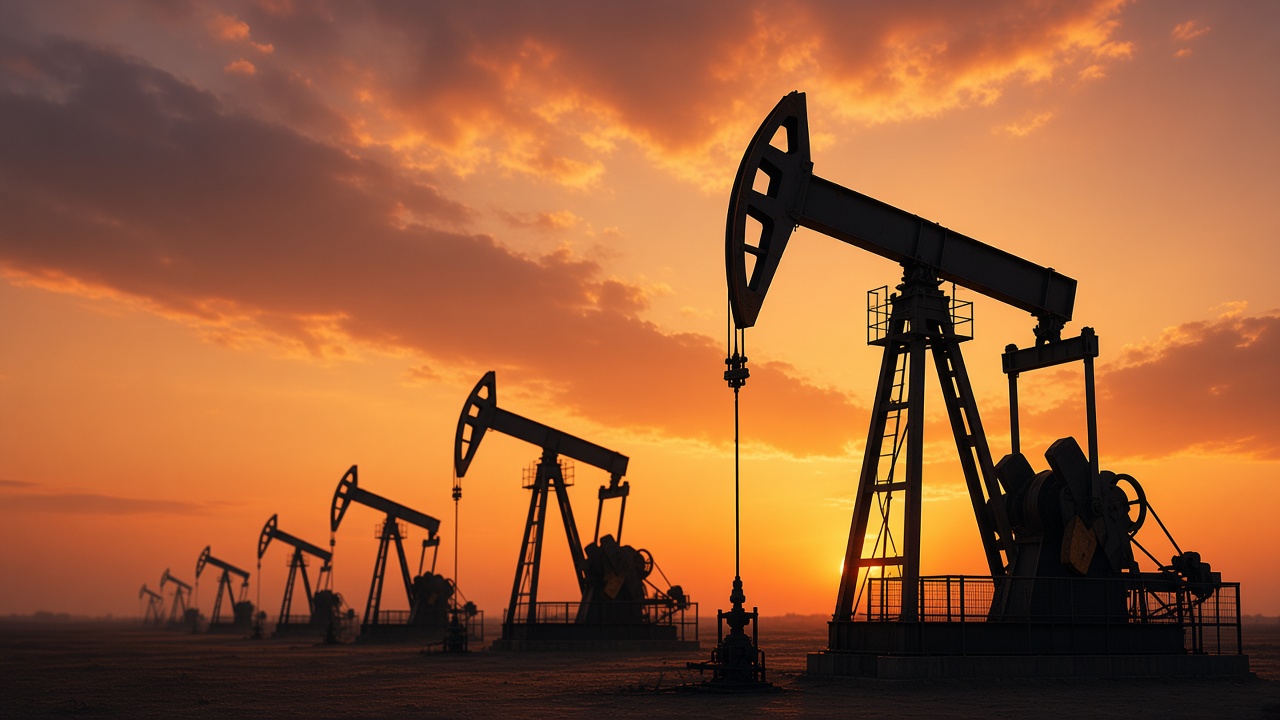 Pumpjacks silhouetted at sunset
