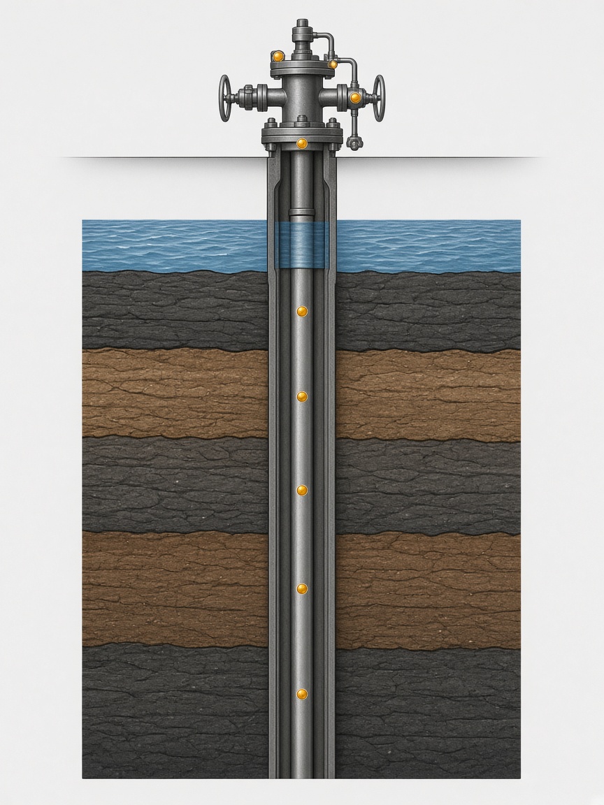 Well cross-section showing where leaks can occur, from the wellhead down through casing, cement and the packer